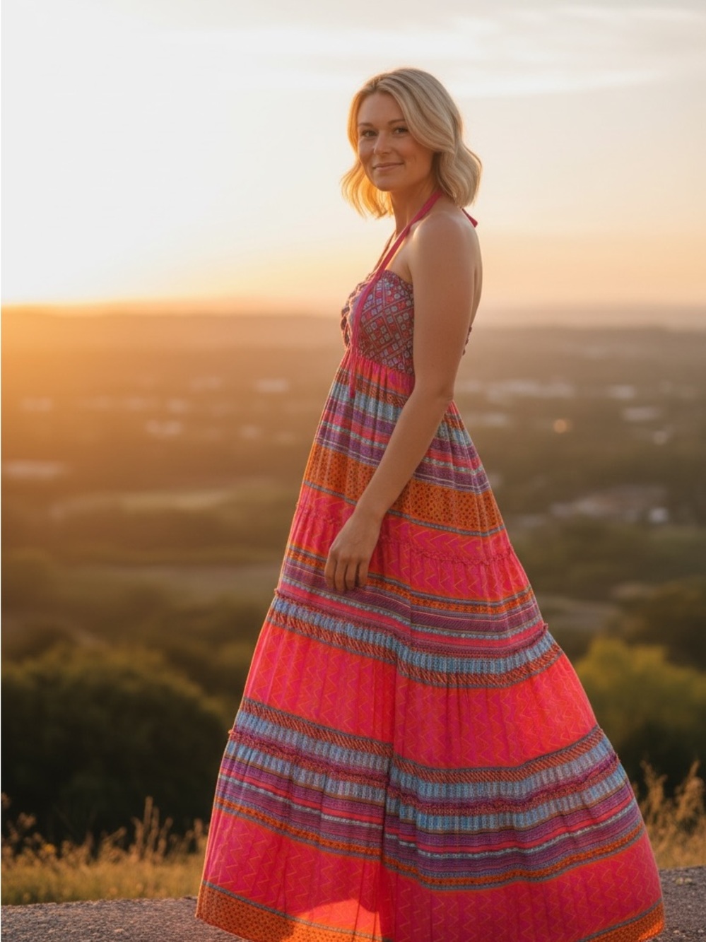 Hale Bob Halter Maxi Dress in Bright Pink with Multicolor Stripes